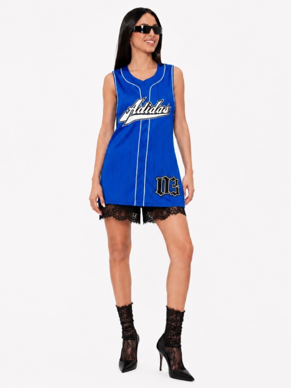 adidas Originals XL Blue Satin Pinstripe Jersey Dress KC6280 Sporty Glam NWT - Picture 4 of 13